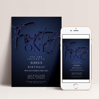 The image is a birthday invitation for John's birthday, featuring a dark blue background with the text " Forty One" prominently displayed. The invitation is for a party on December 23rd, 2034, at the beach in Florida.