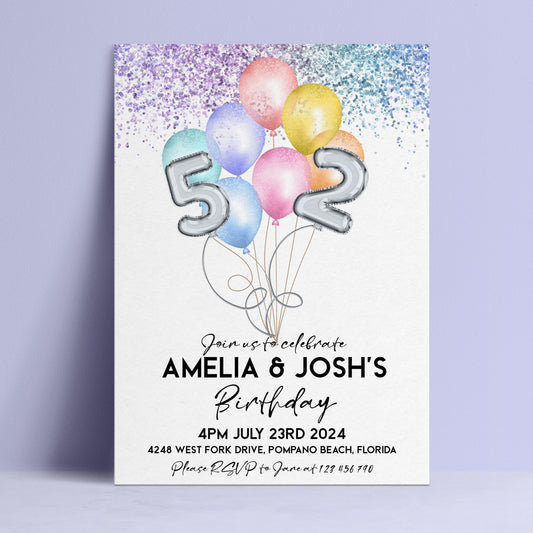 The image is a birthday party invitation for two individuals named Amelia and Josh.