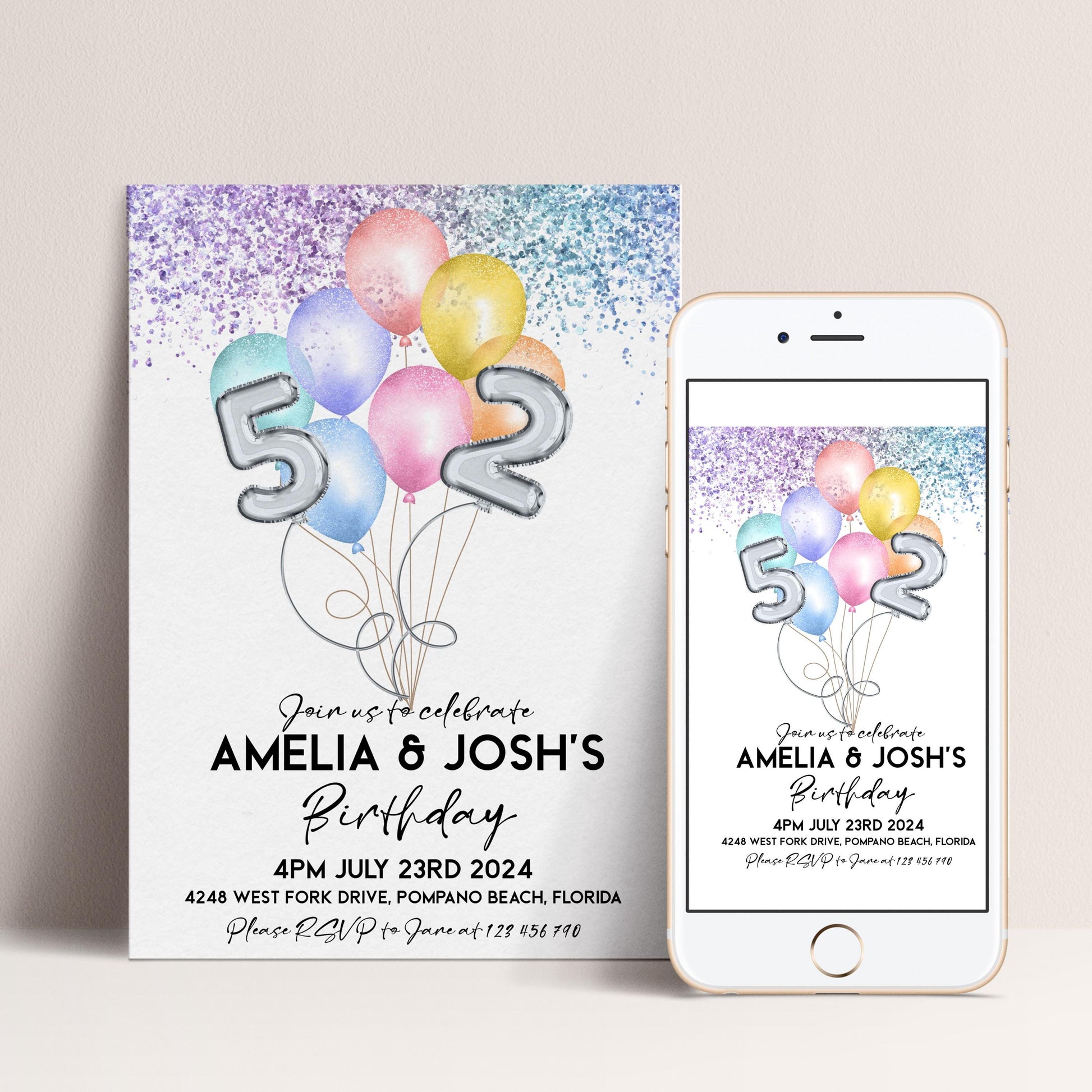 The image is a birthday invitation for two people, featuring colorful balloons and the numbers 5 and 2.