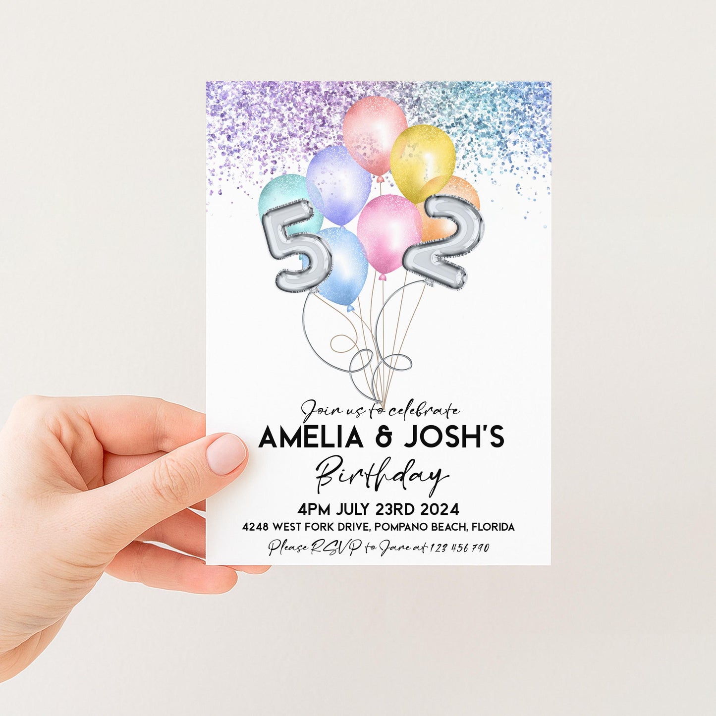 The image is a birthday invitation for two people, featuring colorful balloons and the numbers 5 and 2.