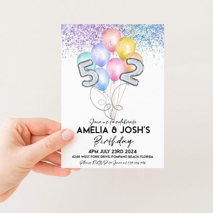The image is a birthday invitation for two people, featuring colorful balloons and the numbers 5 and 2.