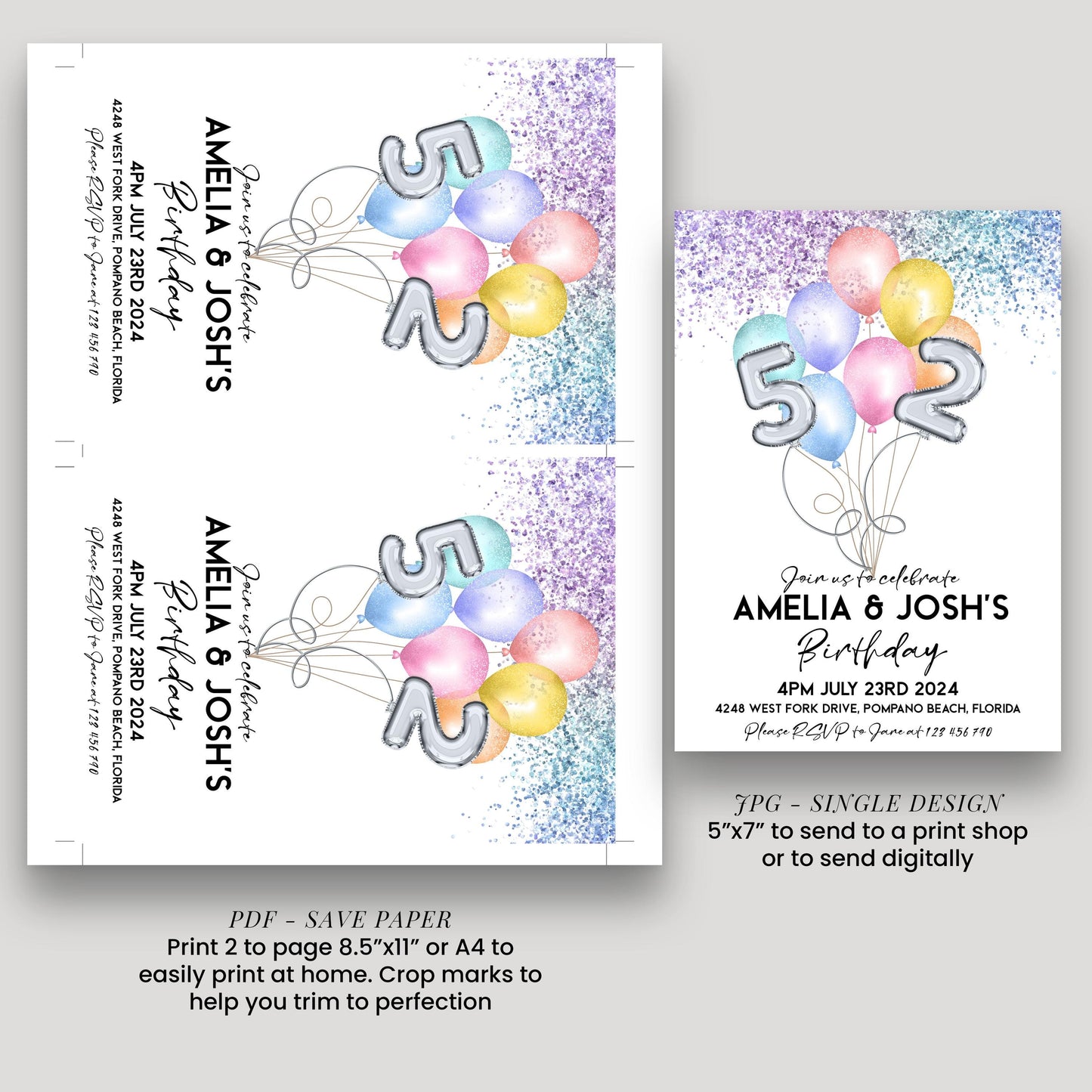 a birthday party invitation for Amelia & Josh's 5th birthday celebration. It features colorful balloons and the number 5, along with details about the event, including the date, time, location, and RSVP instructions.