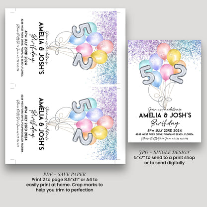 a birthday party invitation for Amelia & Josh's 5th birthday celebration. It features colorful balloons and the number 5, along with details about the event, including the date, time, location, and RSVP instructions.
