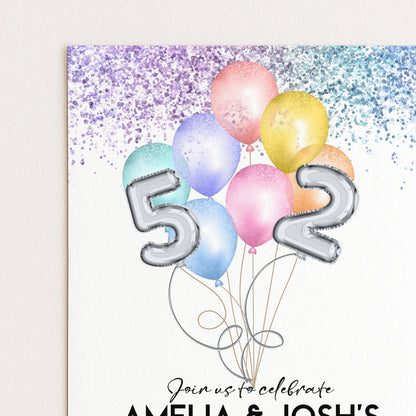 The image is a birthday party invitation featuring colorful balloons and the numbers "5" and "2" floating in the air.
