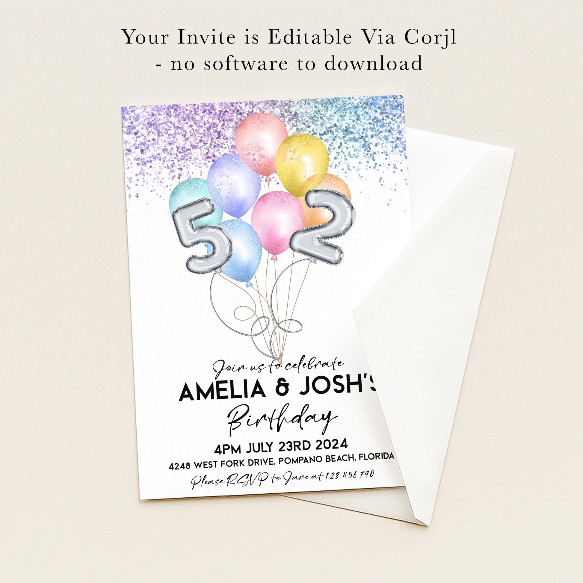 The image is a birthday invitation for two people named Amelia and Josh, celebrating their 5th and 2nd birthdays. The invitation is for a party on July 23rd, 2014, at 4PM at the West Fork Drive, Pompano Beach, Florida. The invitation is not for a software-free, no-download party.