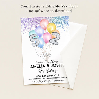 The image is a birthday invitation for two people named Amelia and Josh, celebrating their 5th and 2nd birthdays. The invitation is for a party on July 23rd, 2014, at 4PM at the West Fork Drive, Pompano Beach, Florida. The invitation is not for a software-free, no-download party.