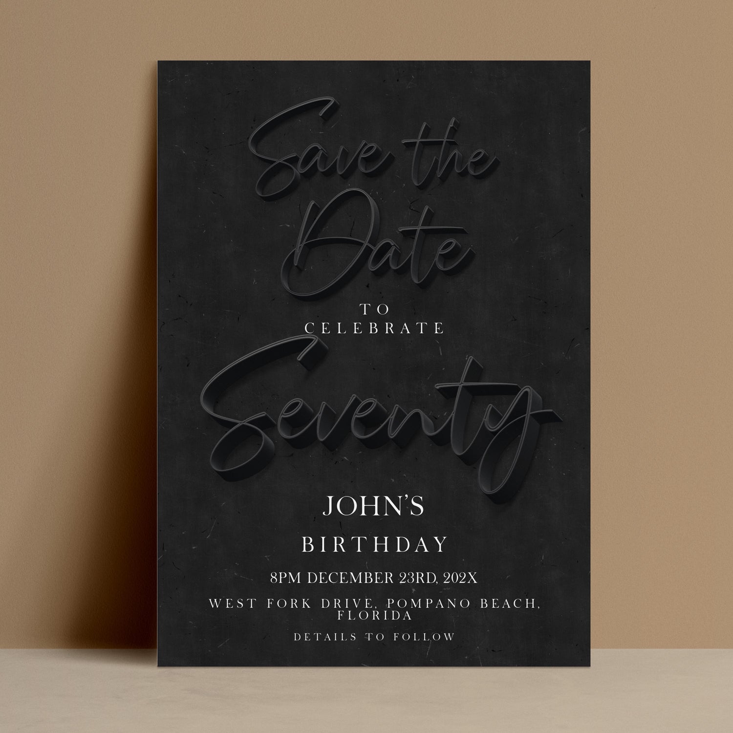 The image is a black and white save the date invitation for John's birthday party.