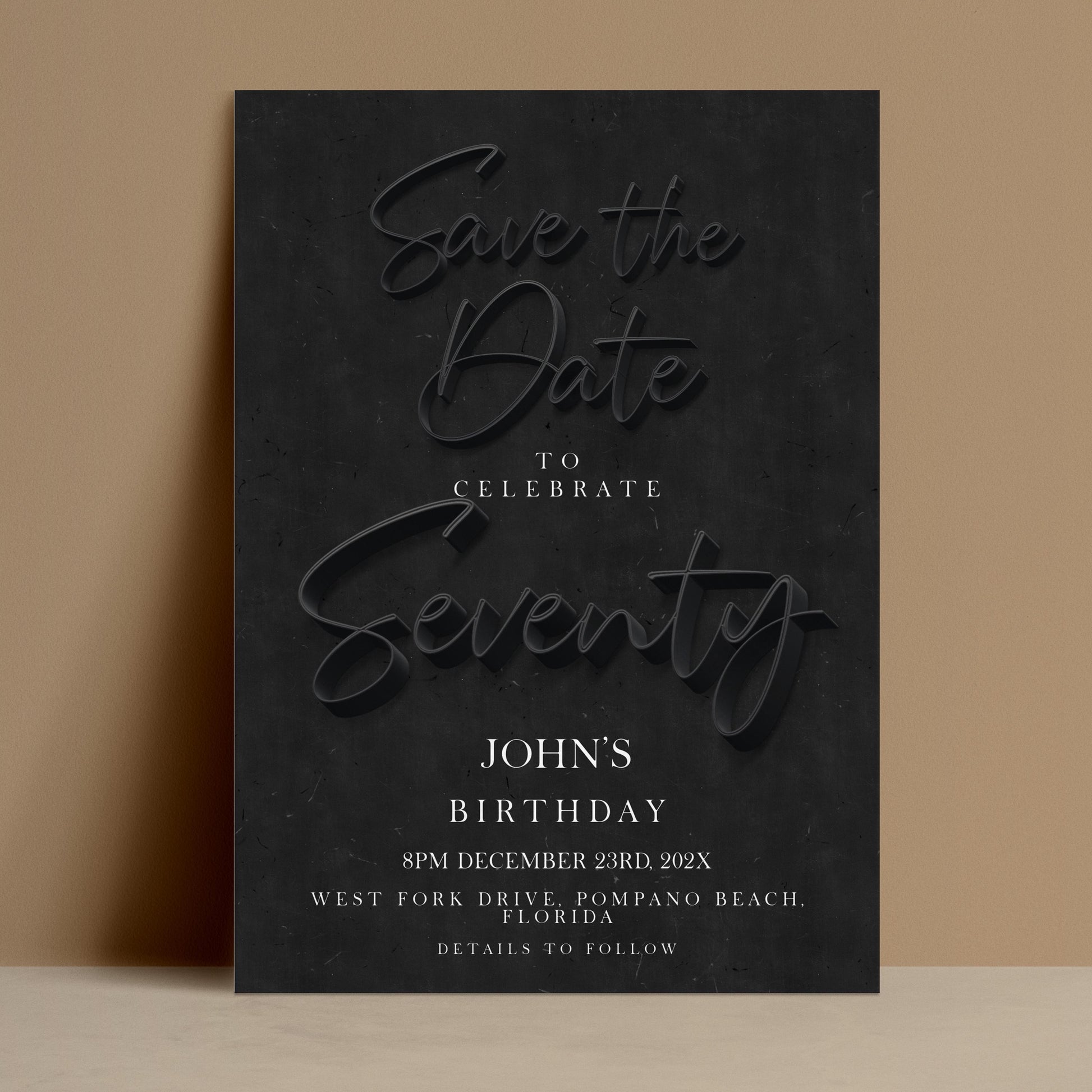 The image is a black and white save the date invitation for John's birthday party.