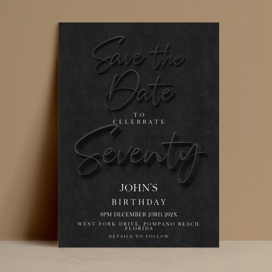 The image is a black and white save the date invitation for John's birthday party.