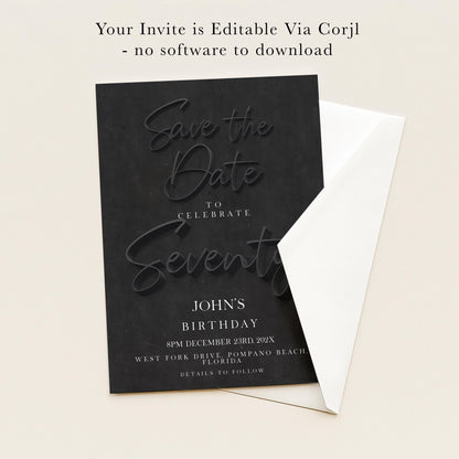 The image is a black and white invitation card for a birthday celebration.