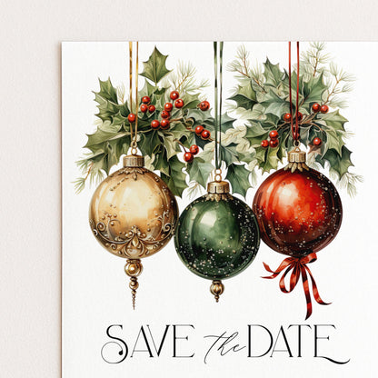 three Christmas ornaments hanging from a string, surrounded by holly leaves and berries, with the text "SAVE the date" displayed below.