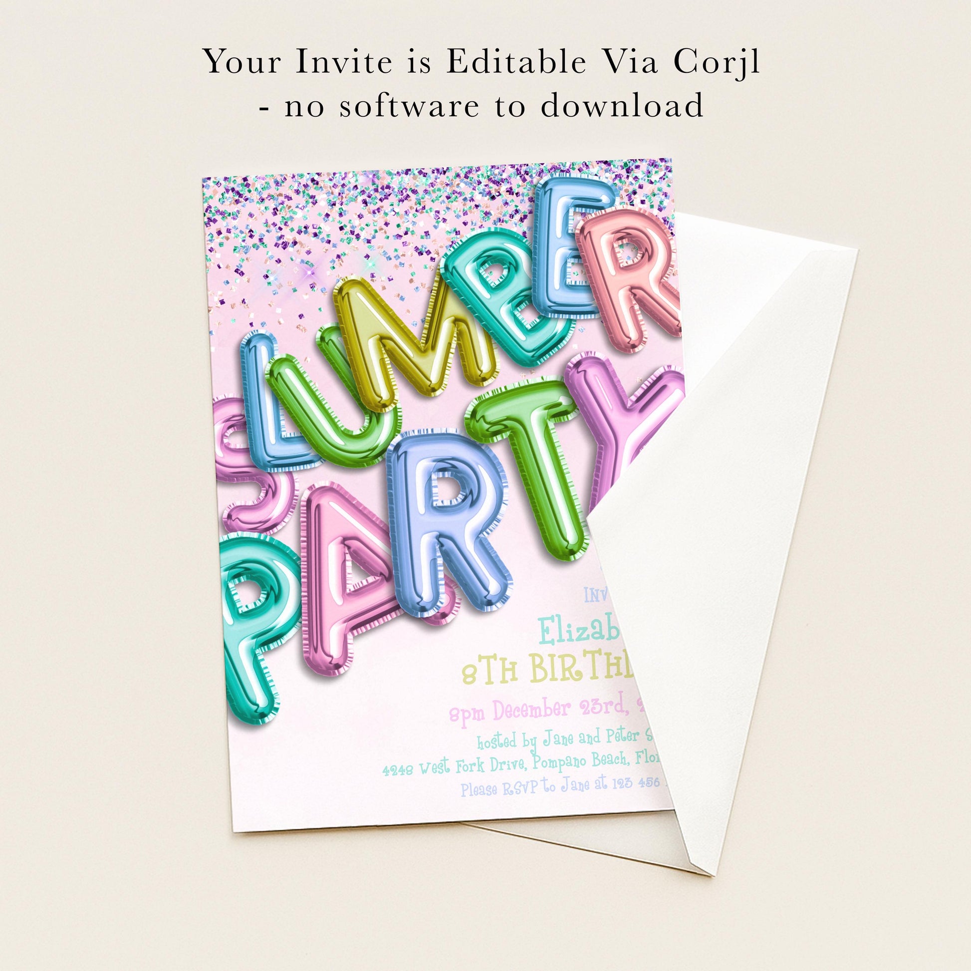 The image is a colorful invitation card for a summer party, featuring the word "SLUMBER" in large, vibrant letters and confetti-like elements.