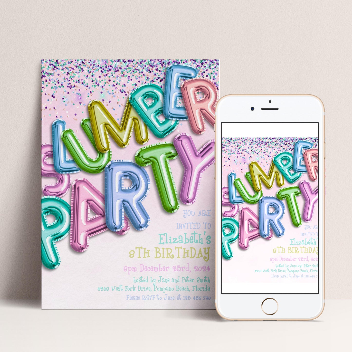 The image is a colorful invitation for a summer party, featuring large, decorative letters in various colors and a glittery background.