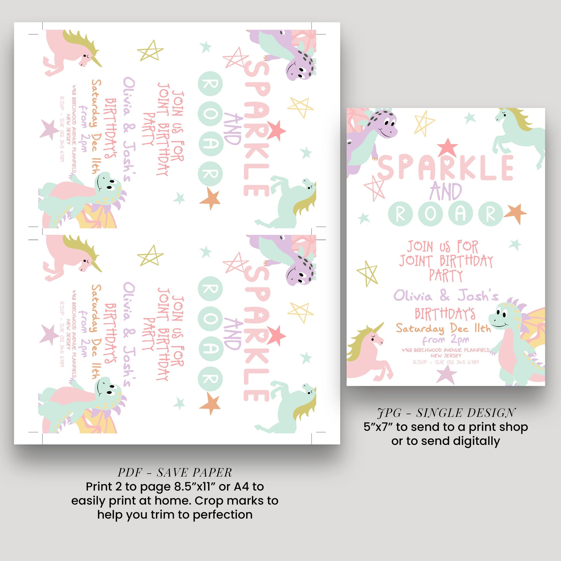 a pink and green unicorn birthday party ticket