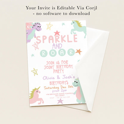 The image is a birthday party invitation featuring a pink unicorn and a green dragon, with the text "Sparkle and Roar" and "Join us for Joint Birthday Party".