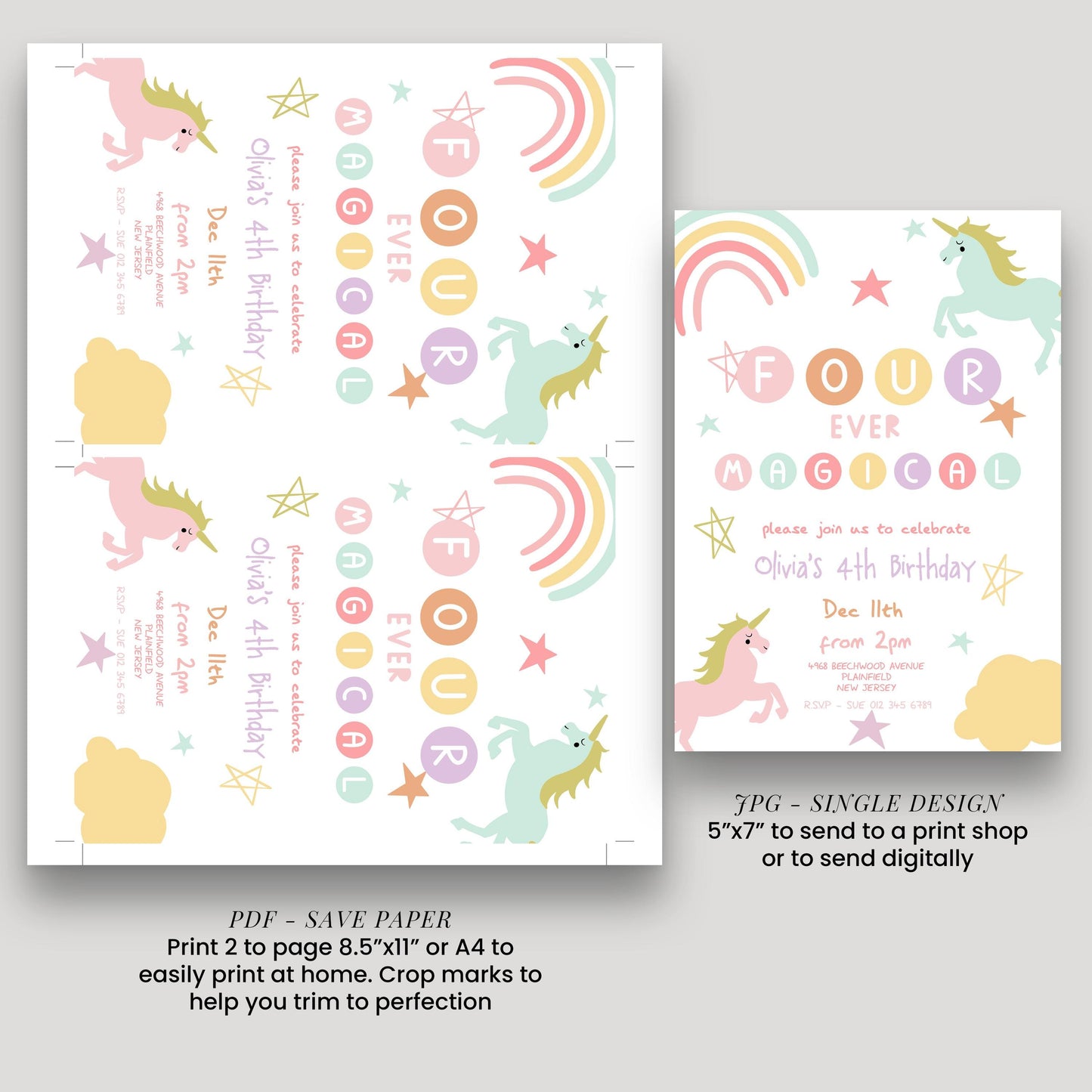 The image is a birthday invitation featuring a unicorn theme. It includes text and illustrations of a unicorn, rainbows, stars, and clouds. The invitation is for a 4th birthday celebration and is available in both print and digital formats.