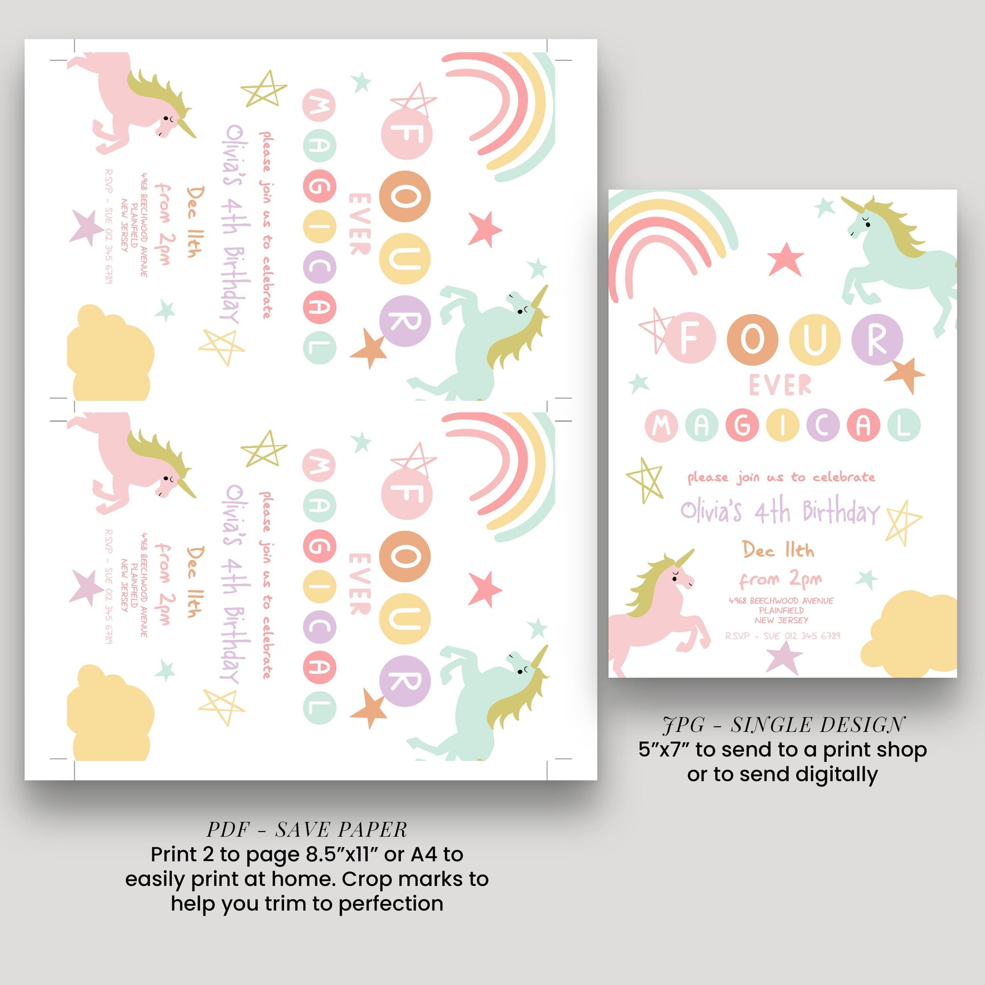 The image is a birthday invitation featuring a unicorn theme. It includes text and illustrations of a unicorn, rainbows, stars, and clouds. The invitation is for a 4th birthday celebration and is available in both print and digital formats.