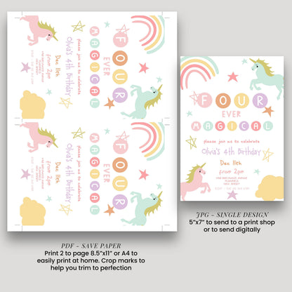 The image is a birthday invitation featuring a unicorn theme. It includes text and illustrations of a unicorn, rainbows, stars, and clouds. The invitation is for a 4th birthday celebration and is available in both print and digital formats.