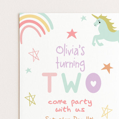The image is a birthday party invitation for a child named Olivia, featuring a unicorn, stars, and the text "Olivia's turning two" along with the phrase "come party with us" and the date "Saturday, April 8th".