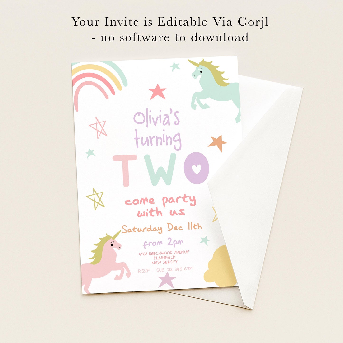 The image is a birthday party invitation for a two-year-old girl named Olivia, featuring a unicorn and stars as decorative elements.
