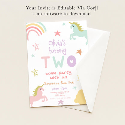 The image is a birthday party invitation for a two-year-old girl named Olivia, featuring a unicorn and stars as decorative elements.