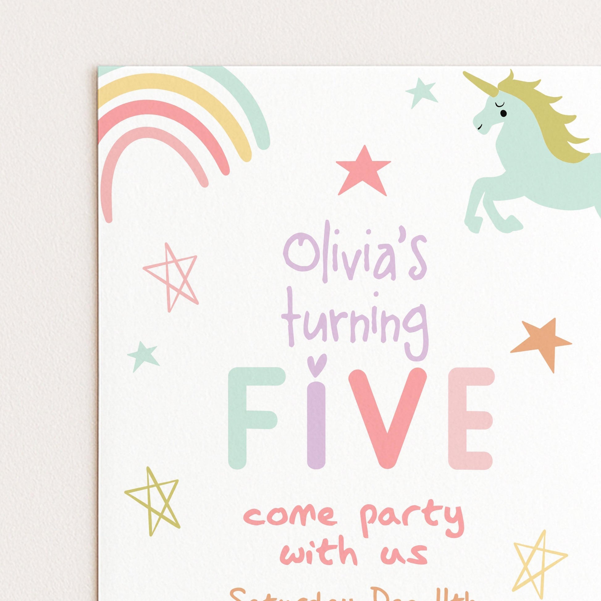 The image is a birthday party invitation for a girl named Olivia, who is turning five years old. The invitation features a unicorn, stars, and a rainbow, along with the text "Olivia's turning FIVE come party with us Saturday, April 5th".