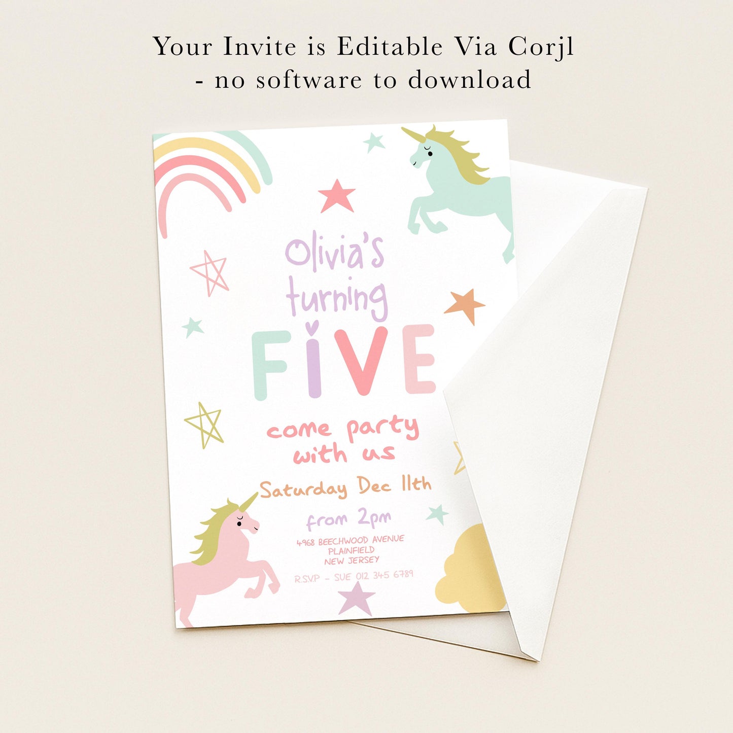 The image is a birthday invitation for a girl named Olivia, who is turning five years old. The invitation is for a party that will take place on Saturday, December 7th, from 2:00 PM to 4:00 PM at Beechwood Avenue, Plainview, New York, NY. The invitation is not for a software-based party and does not include any software.