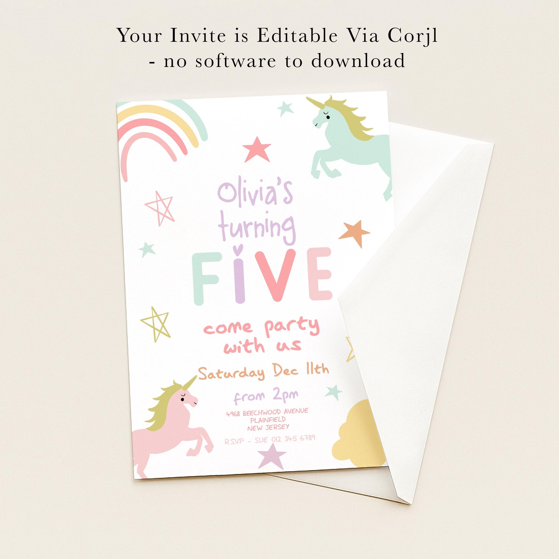 The image is a birthday invitation for a girl named Olivia, who is turning five years old. The invitation is for a party that will take place on Saturday, December 7th, from 2:00 PM to 4:00 PM at Beechwood Avenue, Plainview, New York, NY. The invitation is not for a software-based party and does not include any software.