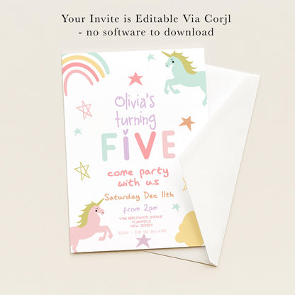 The image is a birthday invitation for a girl named Olivia, who is turning five years old. The invitation is for a party that will take place on Saturday, December 7th, from 2:00 PM to 4:00 PM at Beechwood Avenue, Plainview, New York, NY. The invitation is not for a software-based party and does not include any software.