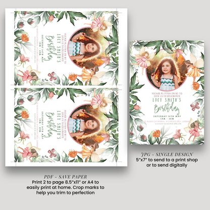 The image is a birthday invitation featuring a young girl surrounded by flowers and leaves. The invitation is for a birthday celebration, and it includes details about the event, such as the date, time, and location.