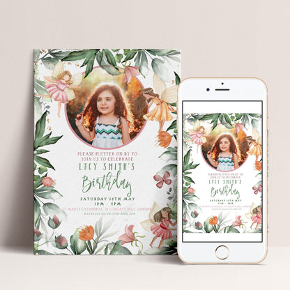 The image is a birthday invitation for Lucy Smith's birthday party, featuring a young girl surrounded by flowers and butterflies.