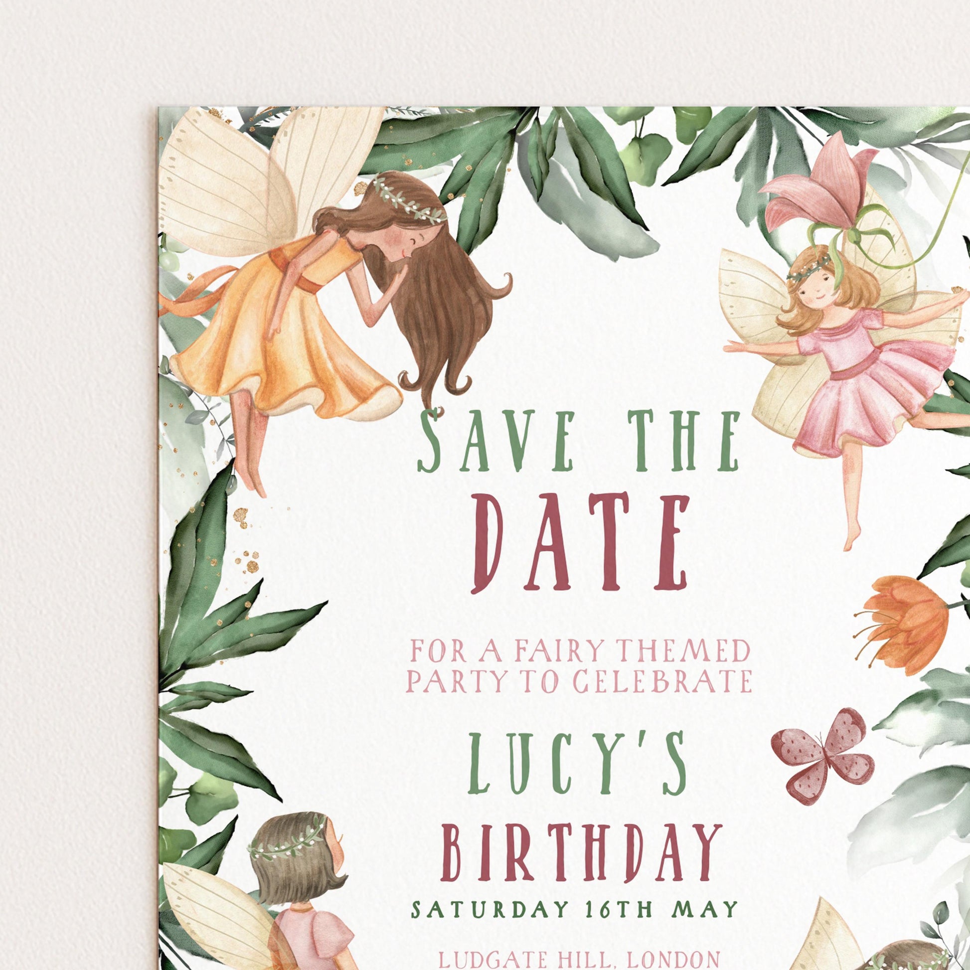 The image is a birthday invitation featuring illustrations of fairies and butterflies, with a floral border surrounding the text.