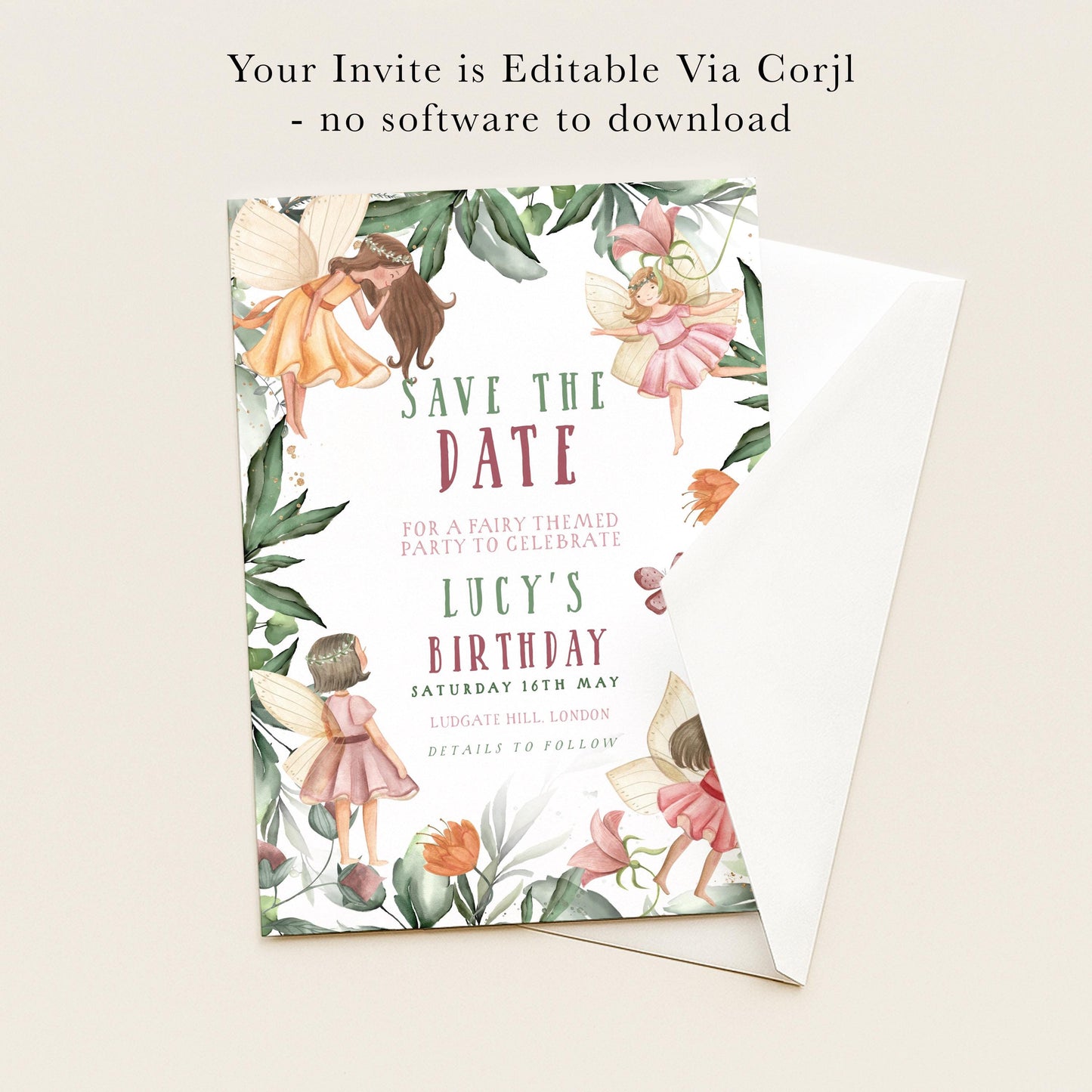 The image is a birthday invitation featuring a fairy theme, with illustrations of fairies and flowers. The invitation is for a birthday party to celebrate Lucy's birthday, and it is editable via a computer.