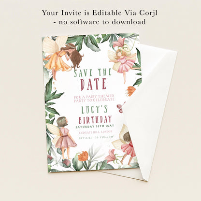 The image is a birthday invitation featuring a fairy theme, with illustrations of fairies and flowers. The invitation is for a birthday party to celebrate Lucy's birthday, and it is editable via a computer.