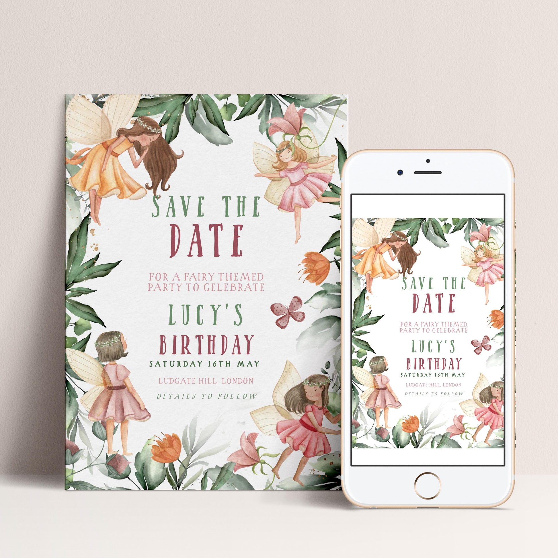 The image is a birthday invitation featuring a fairy theme, with illustrations of fairies and flowers. The invitation is designed for a fairy-themed birthday party and includes details for the event.