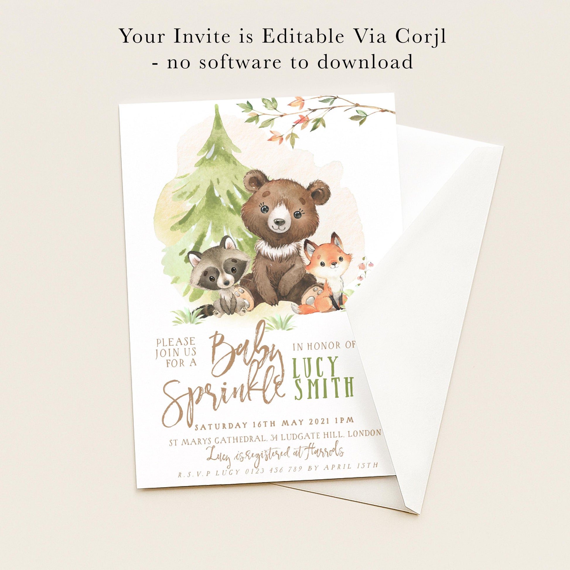 The image is a baby shower invitation featuring a bear, raccoon, and fox, with the text "Please join us for a Baby Sprinkle" and "In honor of Lucy Smith".