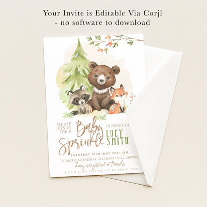 The image is a baby shower invitation featuring a bear, raccoon, and fox, with the text "Please join us for a Baby Sprinkle" and "In honor of Lucy Smith".