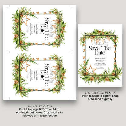 a collage of three different designs for a "Save the Date" invitation. The designs include a printed page, a framed design, and a digital version. The printed page design is a 5"x7" size, while the framed design is a 7"x5" size. The digital version is a 7"x5" size. The text on the designs includes the phrase "Save the Date" and provides instructions for sending the design to a print shop or digitally.