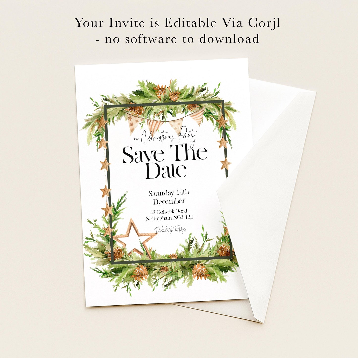 The image is a Christmas party invitation with a festive border and text.