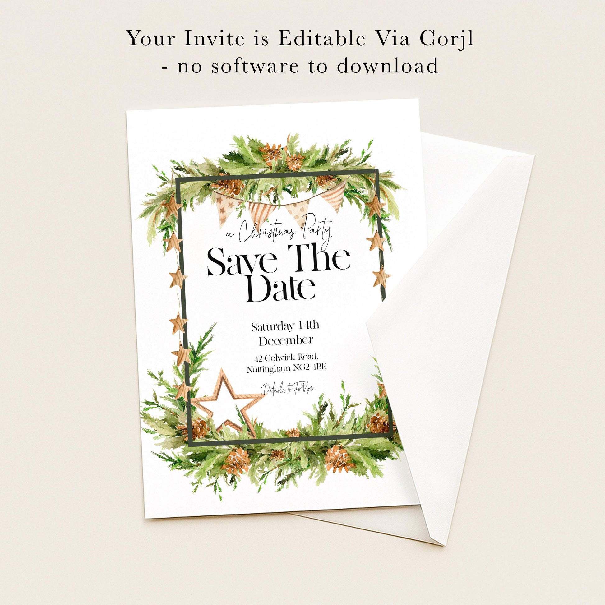 The image is a Christmas party invitation with a festive border and text.