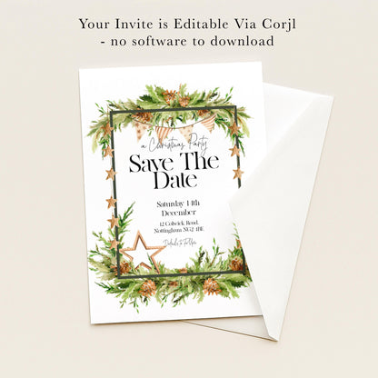 The image is a Christmas party invitation with a festive border and text.