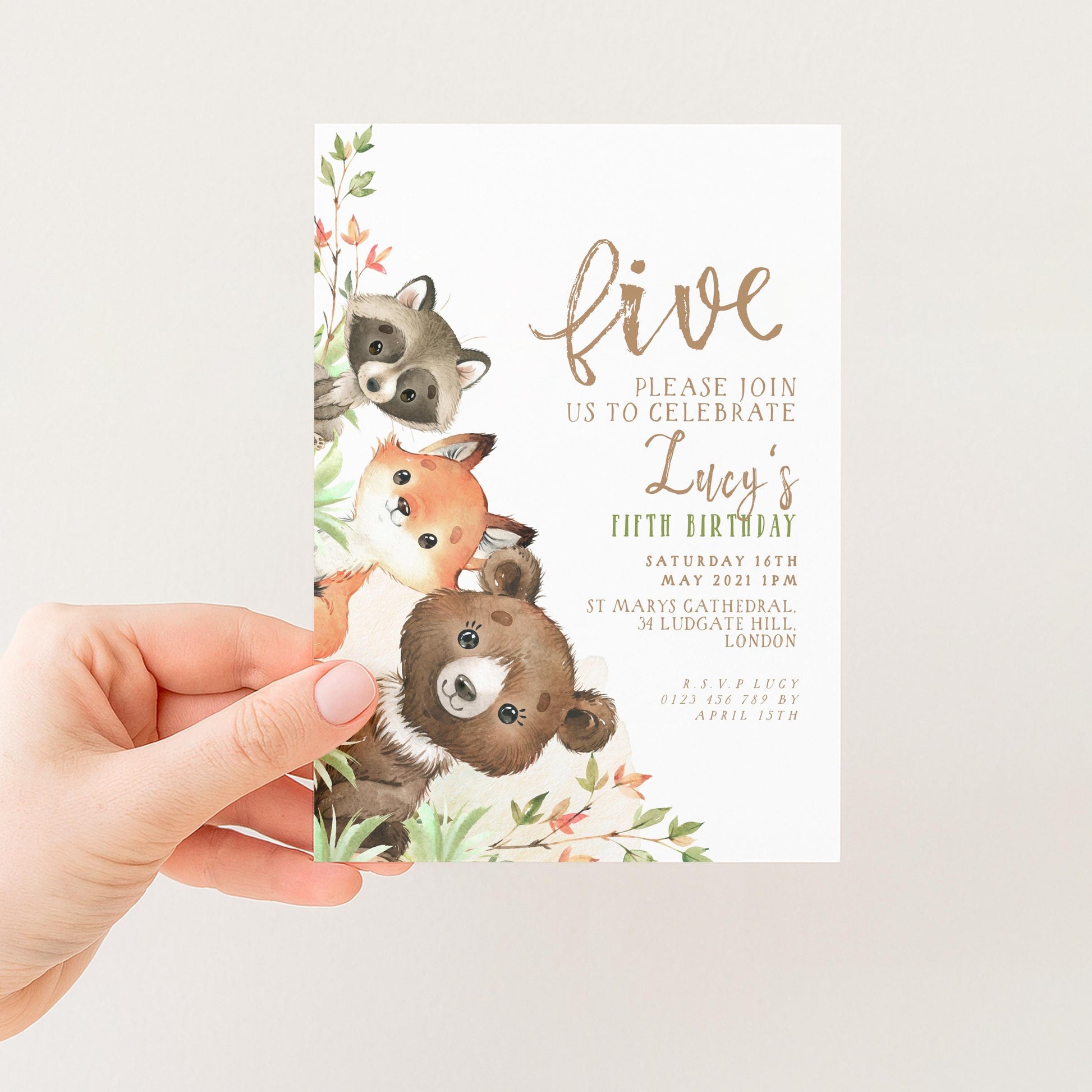 The image is a birthday invitation for a five-year-old named Lucy, featuring illustrations of a raccoon, a fox, and a bear.