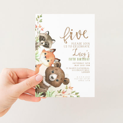 The image is a birthday invitation for a five-year-old named Lucy, featuring illustrations of a raccoon, a fox, and a bear.