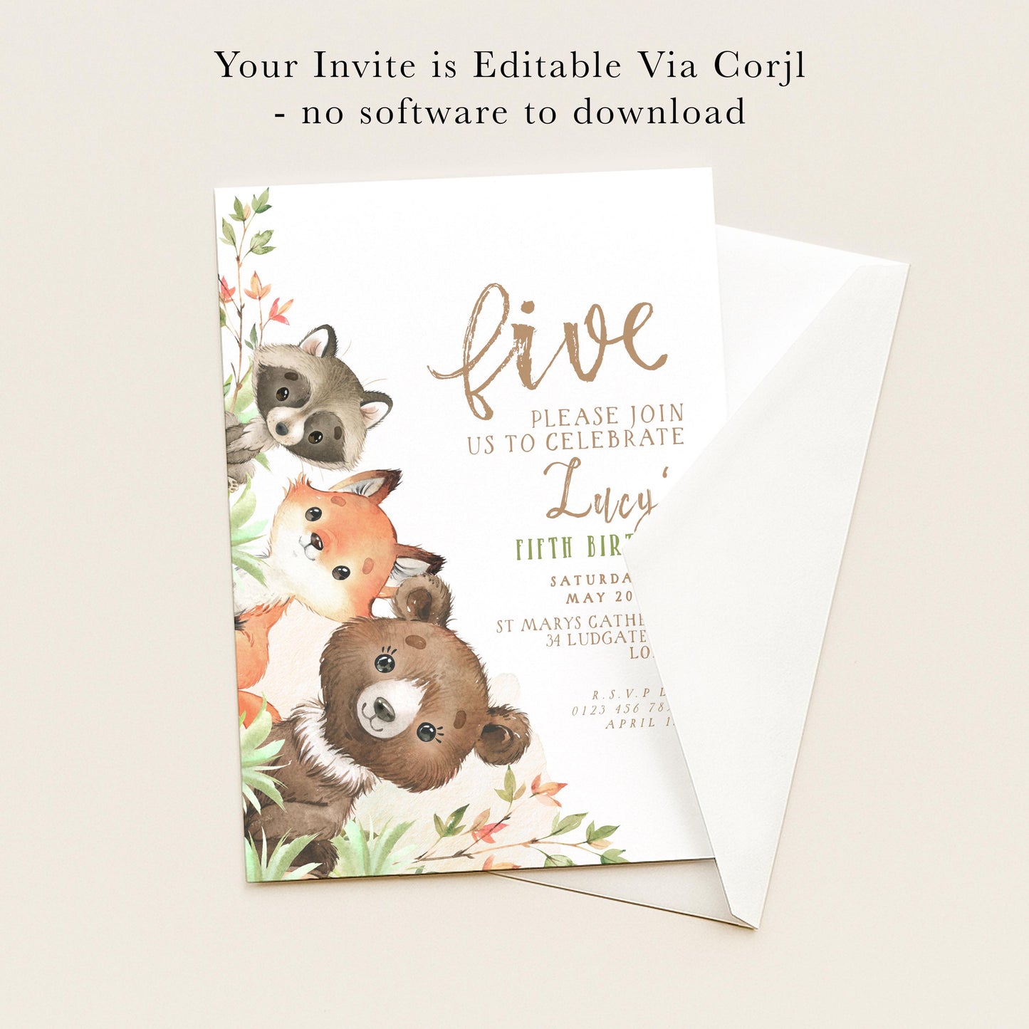 The image is a birthday invitation featuring a group of animals, including a raccoon, a fox, and a bear, along with text inviting guests to a fifth birthday celebration.