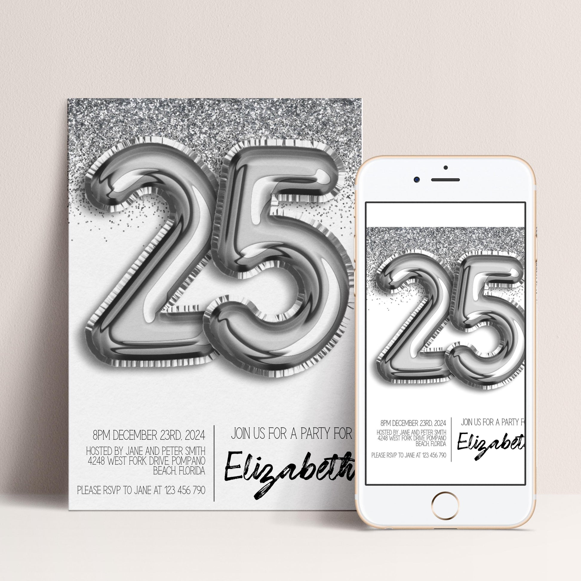 a 25th birthday party invitation with a silver glitter design and the number 25 prominently displayed.