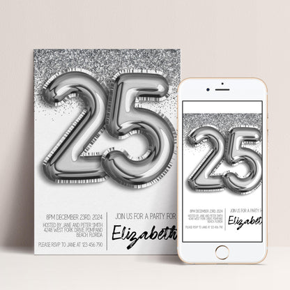 a 25th birthday party invitation with a silver glitter design and the number 25 prominently displayed.
