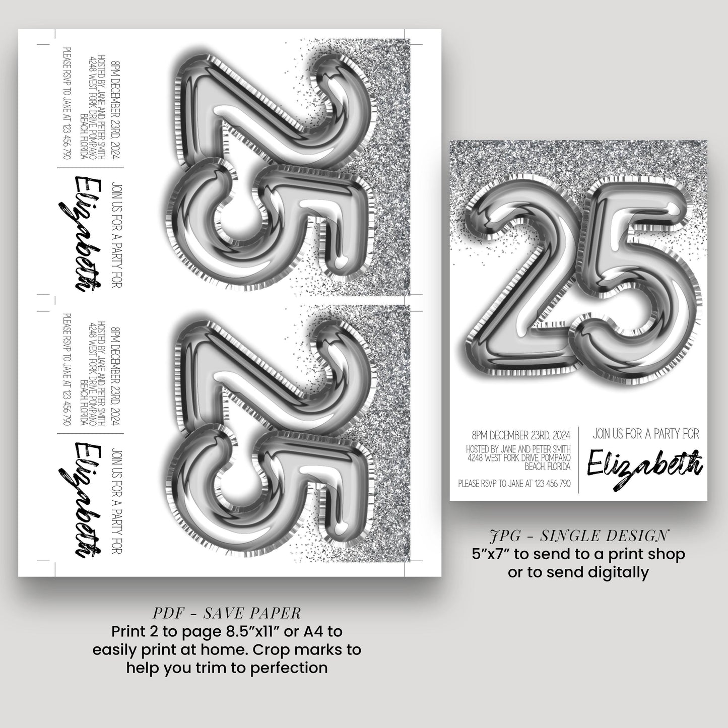 The image is a collage of three images, each depicting a silver glitter balloon in different sizes and positions. The largest image is a silver glitter balloon on the left, the medium-sized image is a silver glitter balloon in the middle, and the smallest image is a silver glitter balloon on the right.