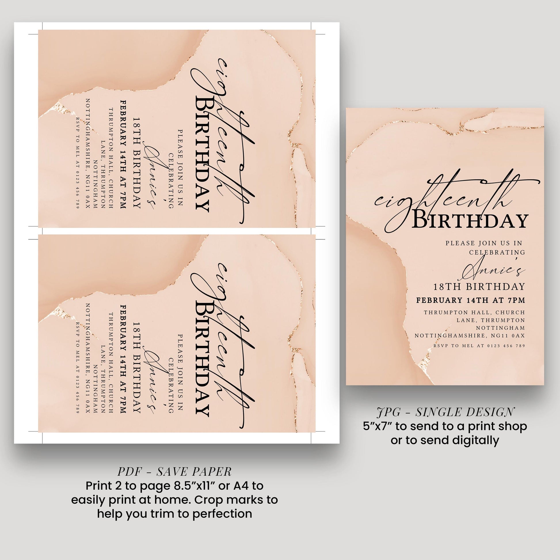 a birthday invitation for a teenage girl's 18th birthday. The invitation is printed in a peach-colored paper and includes details about the event, such as the date, time, location, and RSVP information. The invitation also provides instructions for sending a print or digital copy to a print shop or sending it digitally.