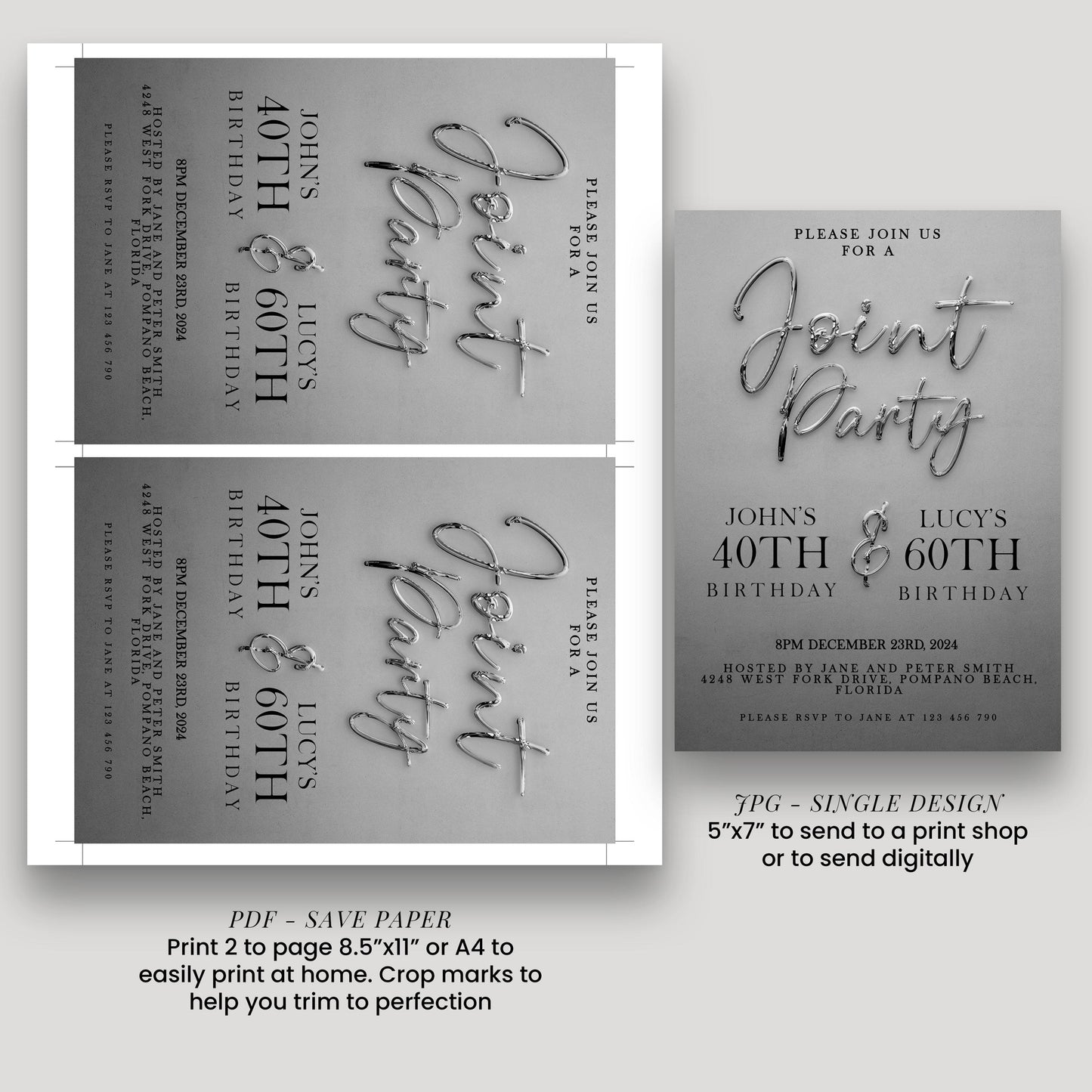The image is a single design invitation for a joint birthday party, featuring a gray background with text and a metallic effect.