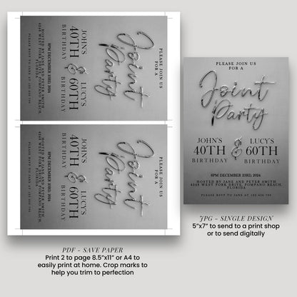 The image is a single design invitation for a joint birthday party, featuring a gray background with text and a metallic effect.